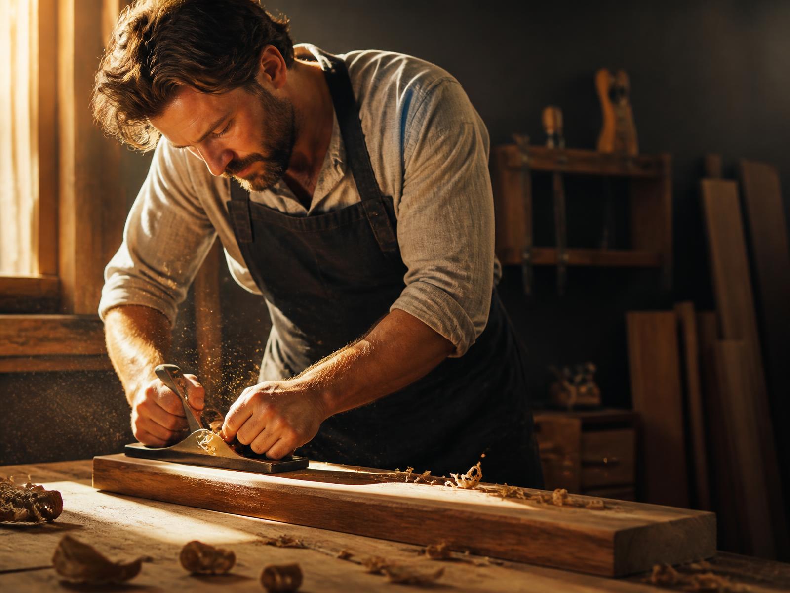 Carpenter hand-planing a walnut board in a sunlit workshop